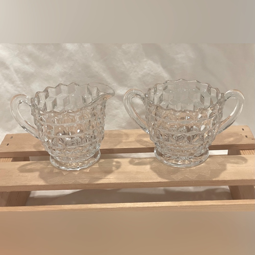 🥳BOGO! VTG Fostoria Glass “American” Geometric Pattern Mini Sugar & Creamer Set.